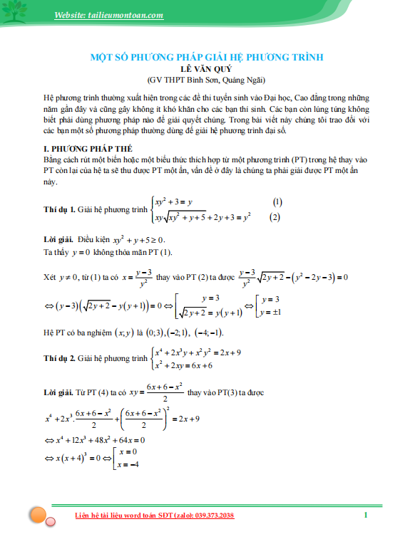 Một số phương pháp giải hệ phương trình